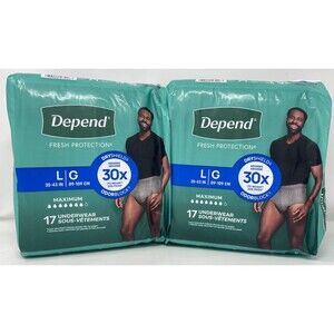 Depend Fresh Protection Disposable Underwear Gray MEN'S Large 17x2= 34 Pairs